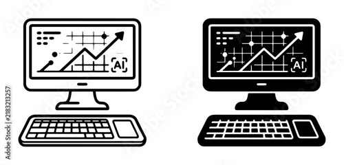 Computer Monitor with Upward Trend Graph, Data Analysis Icons, and Keyboard. Business Growth, Digital Analytics, AI Technology Concepts.