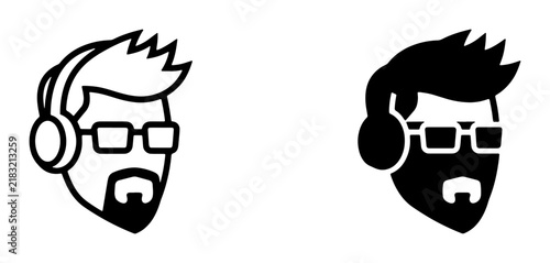 Modern Man Icon Set, Minimalist Head Silhouette with Headphones and Glasses, Black and White Vector Graphics for Digital Media