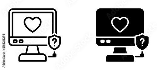 Computer with Heart and Shield Icon, Digital Security and Data Protection Concept, Online Safety and Privacy Vector Graphics
