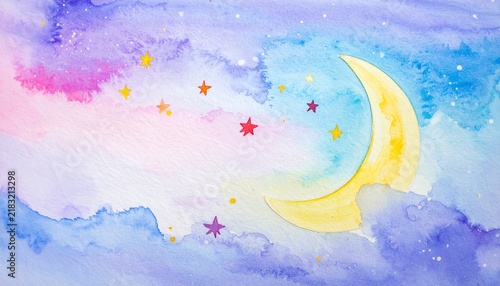Dreamy Watercolor Crescent Moon and Colorful Stars Background