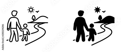 Father and Child Walking Together, Scenic Landscape Path, Family Outdoors, Simple Line Art and Silhouette Icons