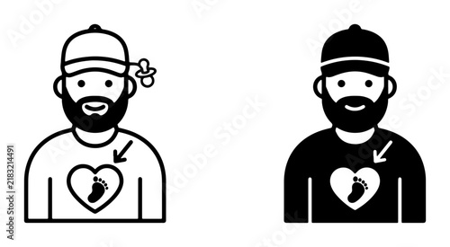 Fatherhood Icons: Baby Footprint Heart Symbol, Dad Baseball Cap, Pacifier, Simple Line Art & Silhouette Vector Graphics for Parenthood and Family Themes