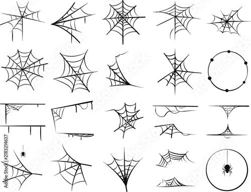 Collection of various spider web designs and spider silhouettes for halloween decoration