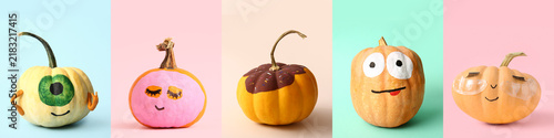фотографія Halloween creativity and DIY crafts, decorated pumpkins with funny faces and cre