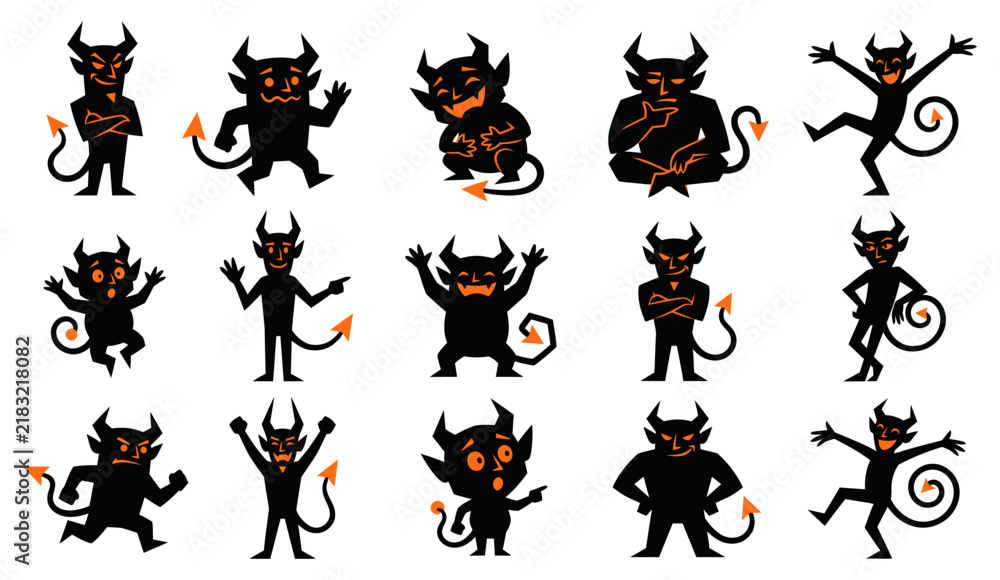 Obraz premium Set of various cartoon halloween devil vector silhouette characters showing different poses and expressions for festive graphic design projects