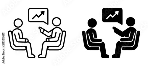 Business Meeting Icons, Two People Discussing Growth Chart, Vector Icons for Strategy and Collaboration