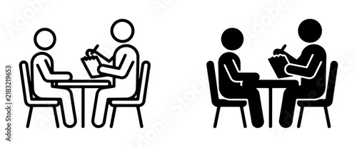 Interview Icons, Job Interview, Meeting Icons, Business Conversation, Human Resources, Recruitment, Two People Sitting at Table, Vector Graphics