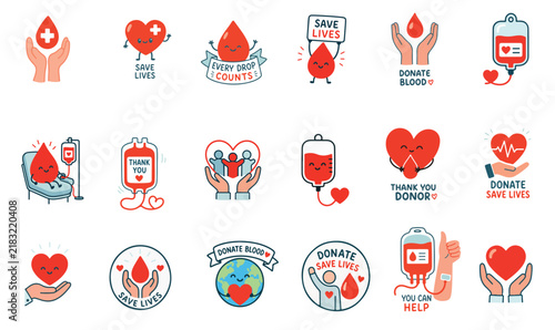  Set of vector illustrations promoting blood donation and saving lives. Includes symbols like red droplets, hearts, and hands, encouraging donors and awareness for blood donation.