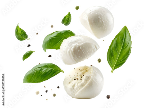 Fresh mozzarella balls with basil leaves and black pepper on white background on white background, Isolated on Transparent Background, PNG, Generative AI