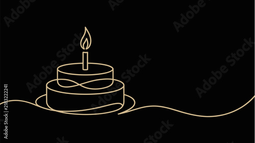 Birthday Cake with Burning Candle Golden Continuous Line Art Vector Concept on Dark Background for Luxury Greeting Card or Anniversary Invitation Banner