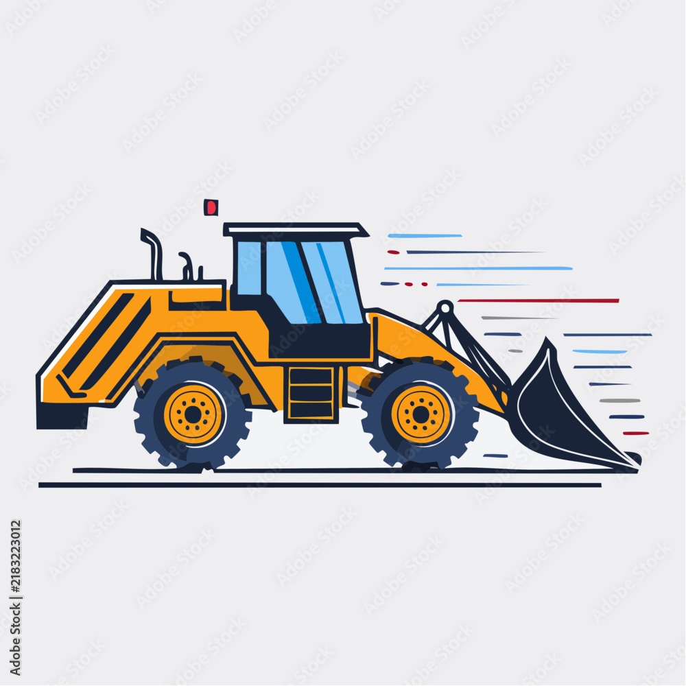 Fototapeta premium Bulldozer mascot illustration pushing earth with motion lines in flat two-tone style