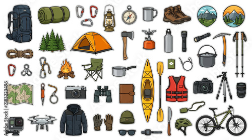 Set of camping and hiking equipment icons for outdoor adventure and travel activities.