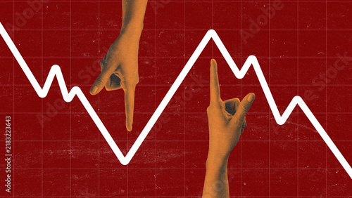 Canvastavla Hands pointing at fluctuating financial data on a red grid background