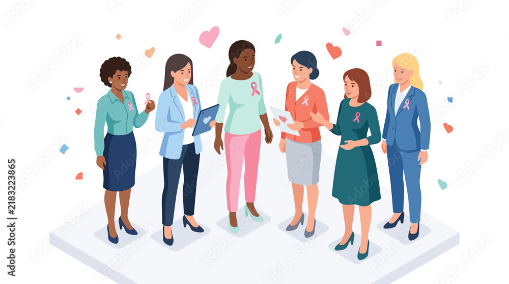 Obraz premium Diverse group of women in business attire wearing pink ribbons for breast cancer awareness, isometric vector illustration of professional women supporting health campaign.