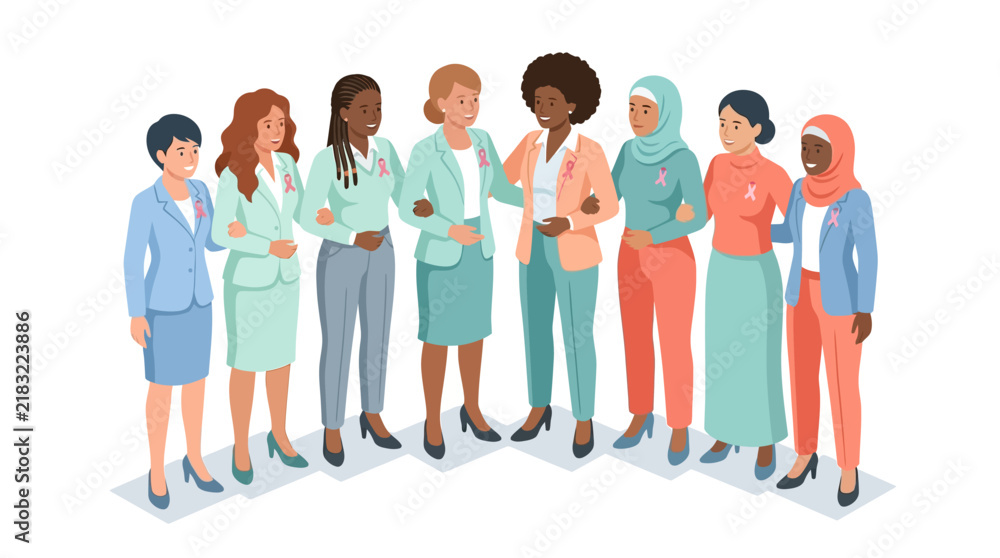 Obraz premium Isometric vector illustration of a diverse group of multiethnic women standing together in professional attire wearing pink ribbons for breast cancer awareness and support.