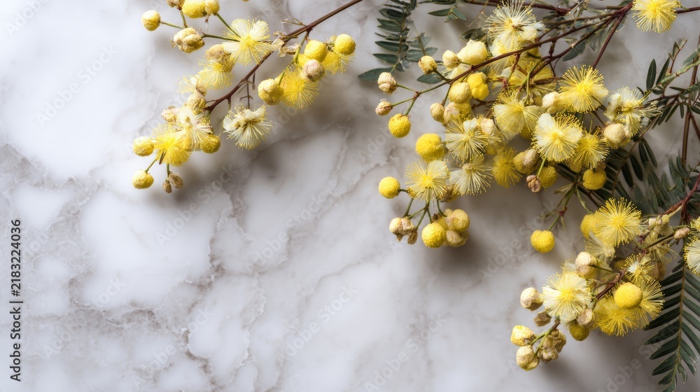 Obraz premium Acacia blossom over white marble background, delicate spring flowers with elegant botanical branches, soft floral texture, minimal luxury nature design, fresh seasonal floral decoration, light neutral