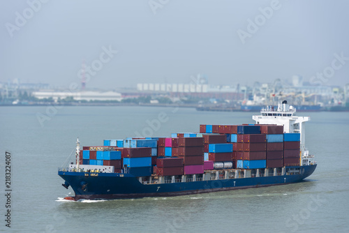 Quadro su tela Detailed view of a fully laden container ship navigating downstream on the Yangtze River toward the sea, with rows of stacked containers visible across the vessel's deck