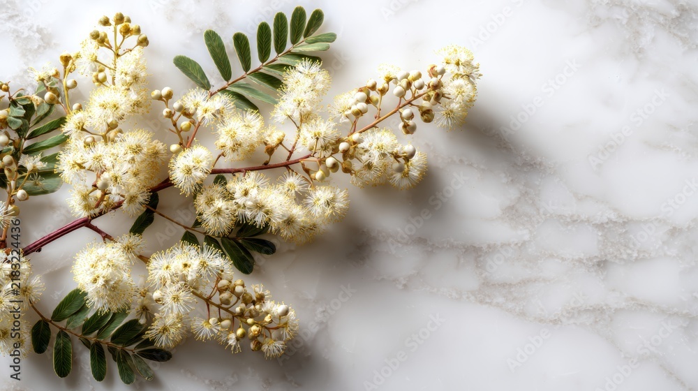 Obraz premium Acacia blossom over white marble background, delicate spring flowers with elegant botanical branches, soft floral texture, minimal luxury nature design, fresh seasonal floral decoration, light neutral