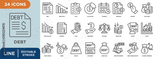 Debt line icon set with editable stroke for reduction, plan, allocation, schedule, overview, payment