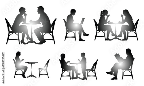 People Sitting Outdoor Cafe Tables Bistro Seating Vector Silhouettes Architectural Elevation Entourage