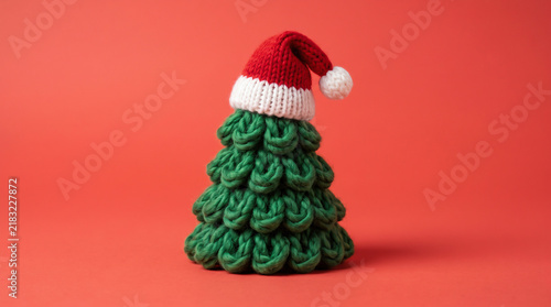Knitted green Christmas tree with Santa hat on red background