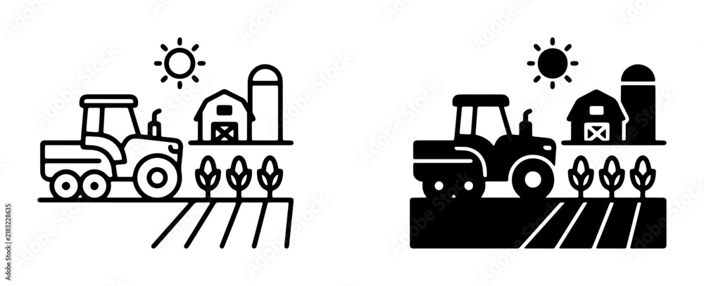Obraz premium Farm tractor, barn, silo, and crops icon set, agricultural landscape, rural scene, farming concept, agriculture icons, rural icons