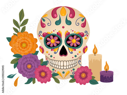 Traditional Mexican ornate sugar skull with a candles and flowers around it. Illustration on a transparent background