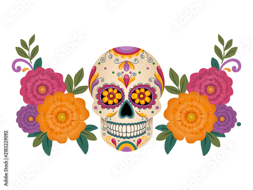Traditional Mexican ornate sugar skull and flowers around it. Illustration on a transparent background