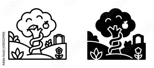 Foto Garden of Eden icons, snake entwined around apple tree, temptation, biblical sto