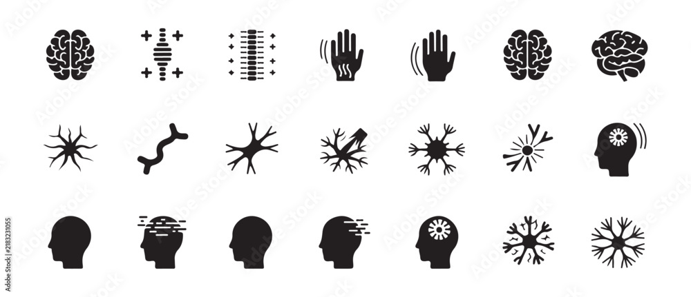 Fototapeta premium Neurology Disease and Peripheral Neuropathy Nerve Symptoms with Tremor and Brain Silhouette Solid Glyph Icon Set Vector Icon
