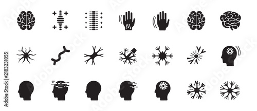 Neurology Disease and Peripheral Neuropathy Nerve Symptoms with Tremor and Brain Silhouette Solid Glyph Icon Set Vector Icon