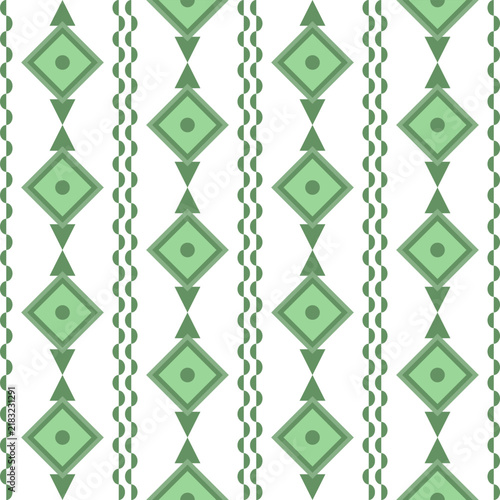 Seamless Geometric Pattern With Vertical Green Diamond Shapes And Zigzag Lines On White Background