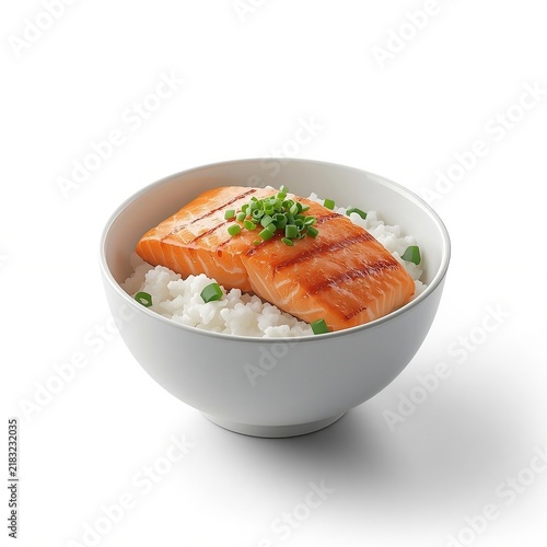 3D minimalist grilled salmon rice bowl isolated