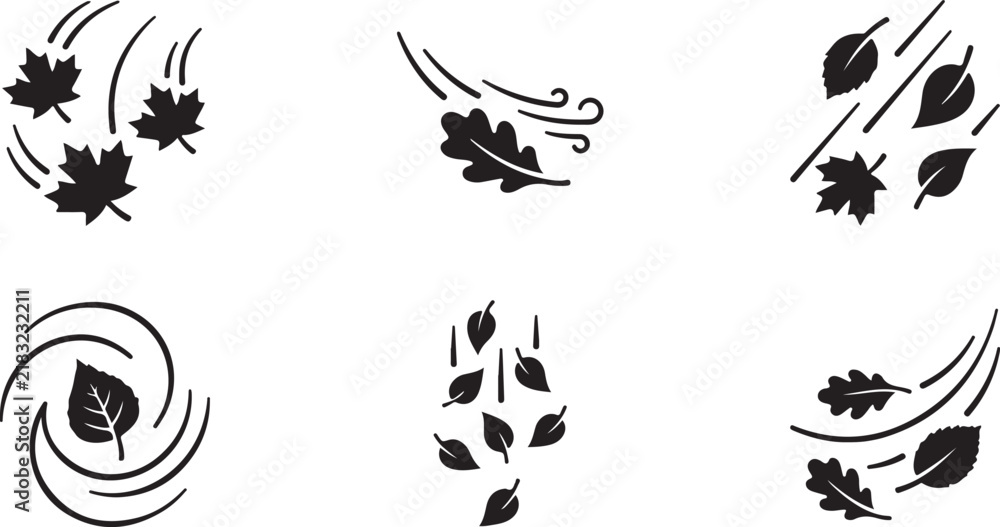 Fototapeta premium Falling leaves vector icon set for autumn seasonal design and wind motion graphics.
