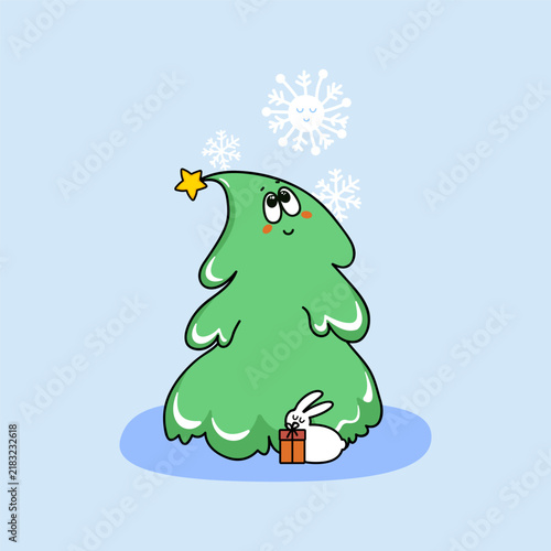 christmas tree, character, snowflake, gift, rabbit