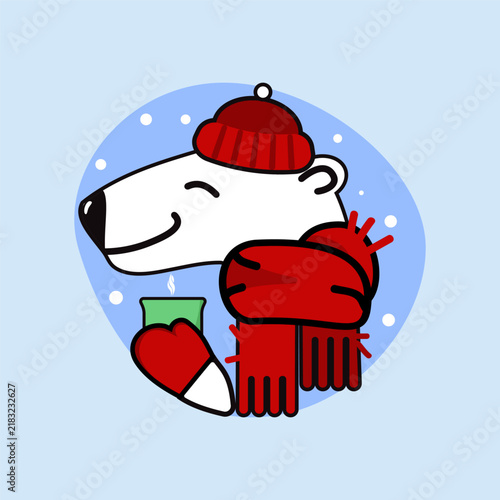 polar bear, winter, happy character, hot drink