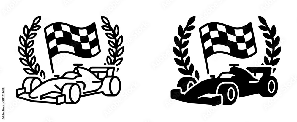 Obraz premium Formula 1 Racing Car Vector Icons, Checkered Flag and Laurel Wreath, Motorsport Victory Symbols, Black and White Graphics for Sports and Competition Themes