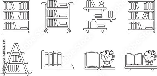 Library shelves and book storage vector icon set for education and bookstore design