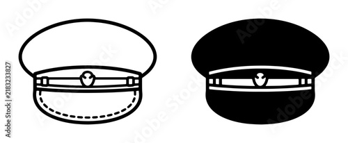 Uniform Caps, Officer Hats, Military Headwear, Two Styles: White Outline and Solid Black Vector Icons for Authority and Service Themes