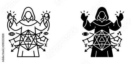 Mystic Sorcerer Icon, Esoteric Symbol, Sacred Geometry, Alchemy, Occult Magic, Mysticism, Spiritual Enlightenment, Vector Art