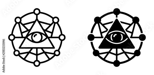 All Seeing Eye Symbols, Mystical Geometric Ornaments, Esoteric Eye of Providence Icons, Conspiracy and Secret Society Vector Graphics
