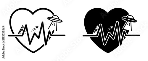 Heartbeat EKG Line with UFO and Spaceship, Medical Symbol, Sci-Fi Concept, Black and White Vector Icons