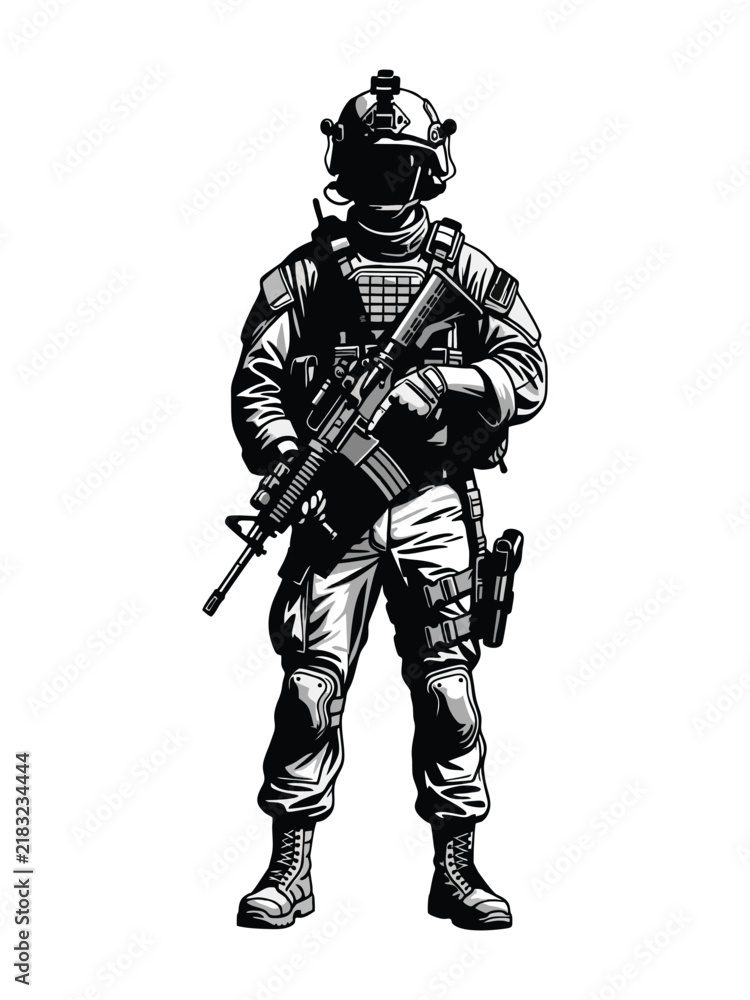 Fototapeta premium Tactical Special Forces Soldier Holding Rifle Vector Illustration