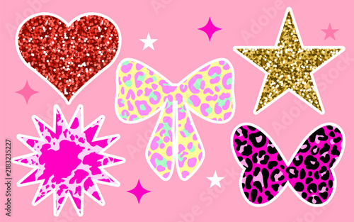 Y2K sticker shapes collection. Star, butterfly, heart, ribbon bow and starburst with animal skin and glitter texture.