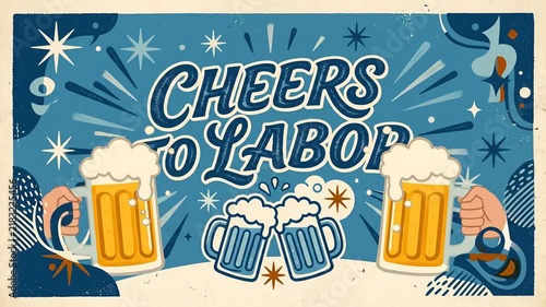 Animated Retro Illustration Celebrating Workers with Beer Mugs Toasting
