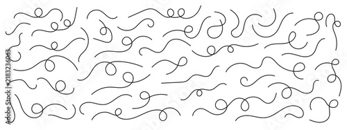 Curly wavy lines and loopy swirl vector elements set. Minimalist hand drawn scribble doodles for decorative graphic design. Black thin line squiggles isolated on white background.