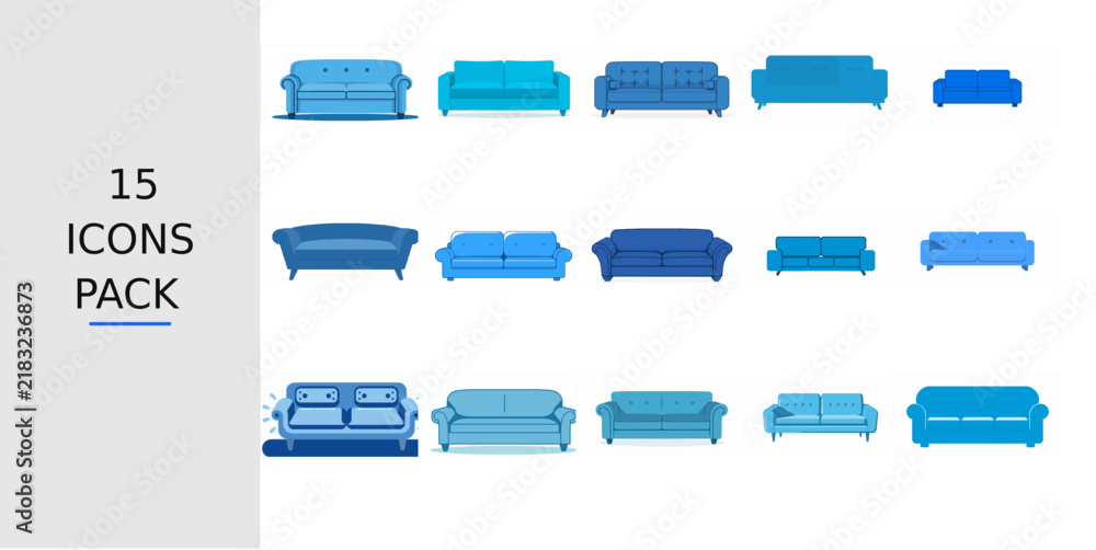 Obraz premium Blue Flat Sofa Icon – Solid Blue Vector Symbol for Apps, Websites, UI Kits, Mobile Interfaces, Presentations, Infographics and Modern Digital Design Projects
