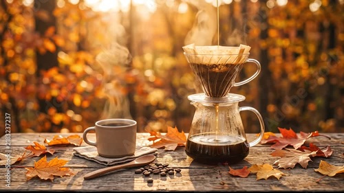Pour Over Coffee Brewing Process Outdoors During Autumn Season