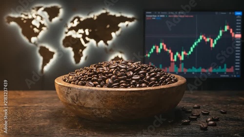 Roasted Coffee Beans in Wooden Bowl with Global Market Data Background