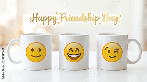 Three Ceramic Mugs With Happy Face Emojis For Friendship Day Celebration